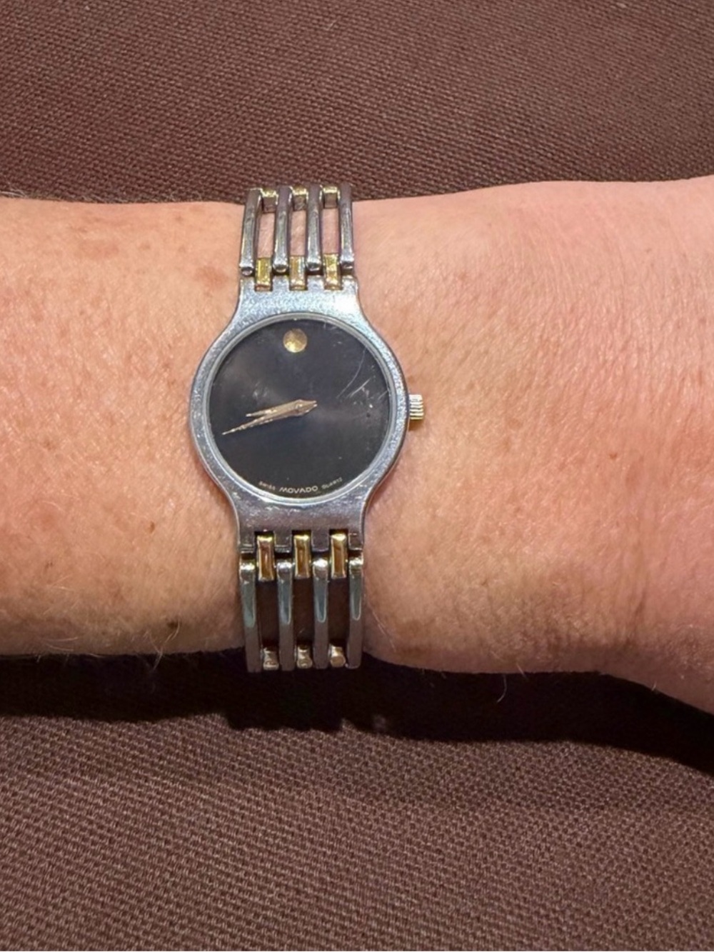 Movado Two-Tone Silver and Gold Minimalist Black Dial Watch